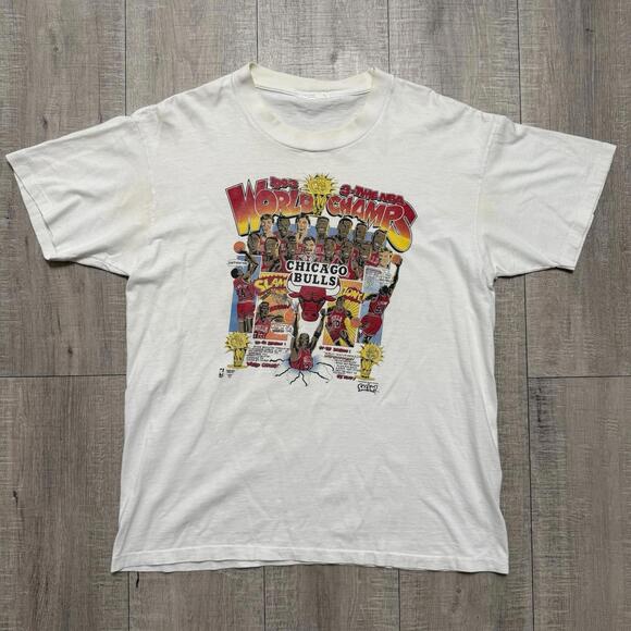 Vintage Chicago Bulls World Champs Comic Salem T-Shirt 1993 White Nba Large - Picture 1 of 10
